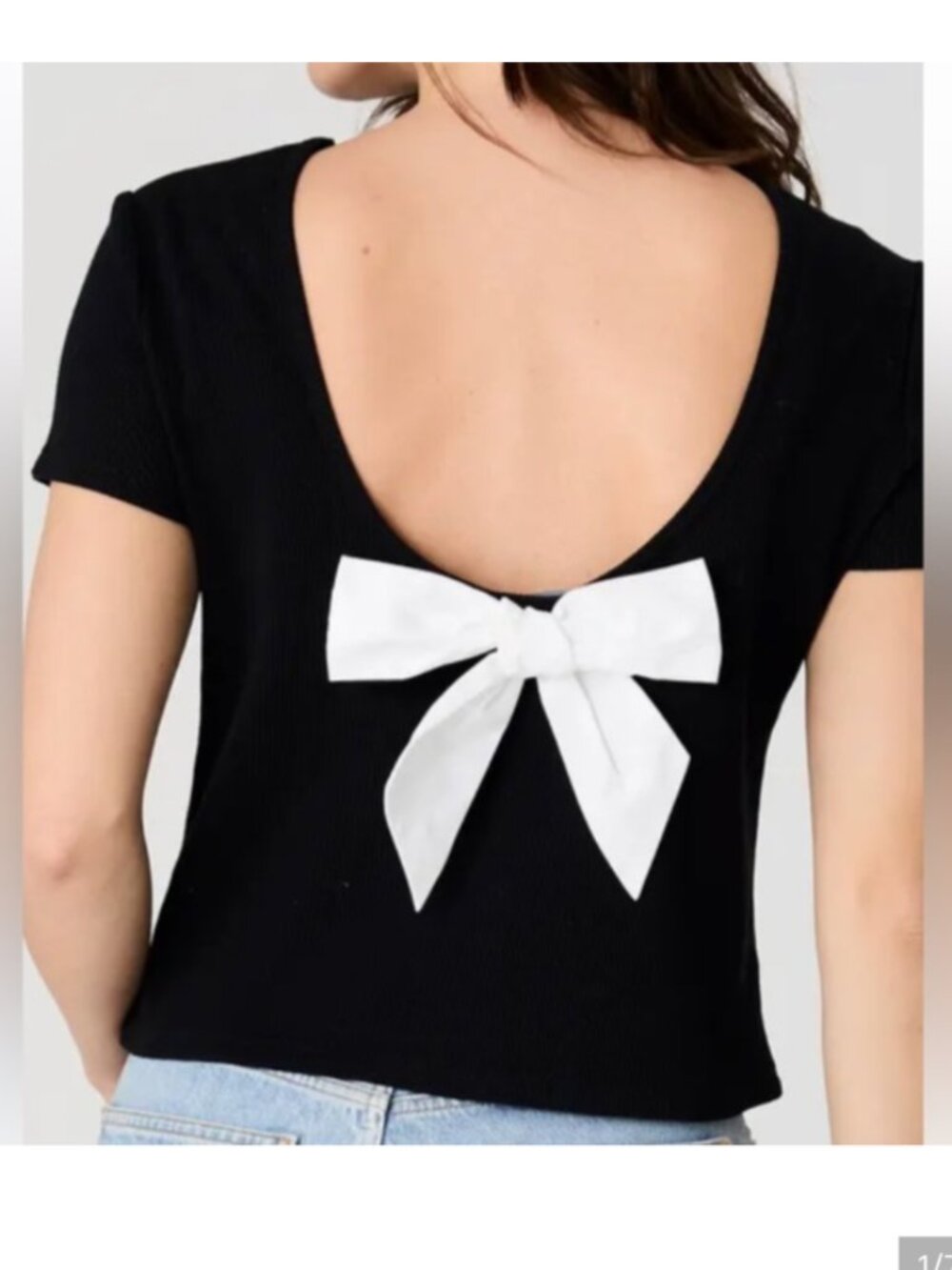 French Connection Black Ribbed Open Back With White Bow Tshirt Sz Large NWT